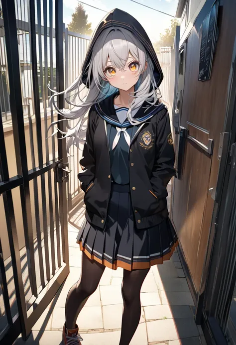 A transfer student walking gracefully through the school gate, ○○ student uniform, Chaos Mask, Beautiful skin texture, Take a big peek, Whimsical, asymmetrical hair, floating hair, hood, crystal hair, expressive hair, tareme, amber eyes, wide eyes, shaded,...