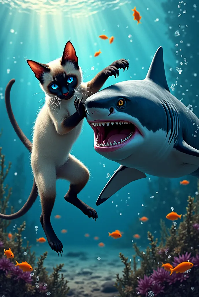 Siamese cat fighting shark 
