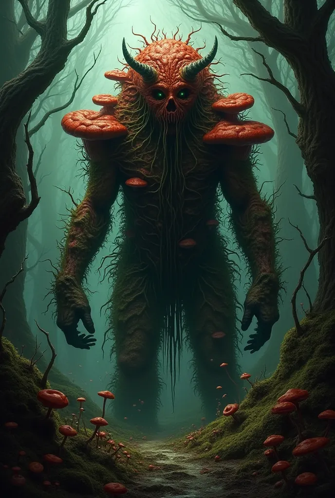 A monstrous creature covered with fungi and demonic red mushrooms. 