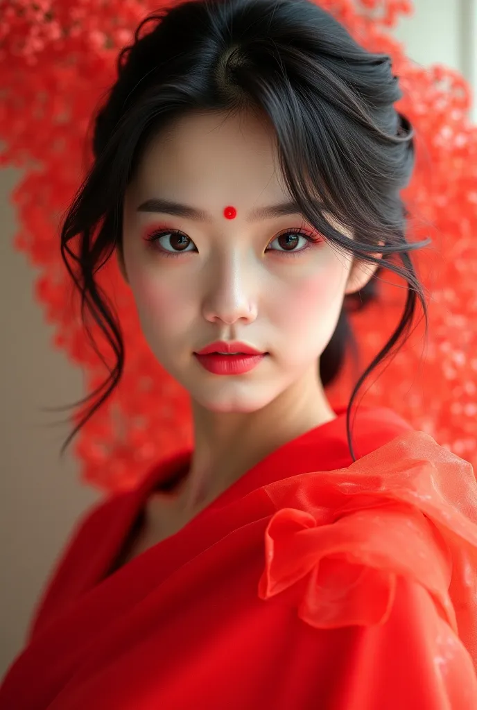 Beautiful Japanese girl wearing red saree and sindoor red tip