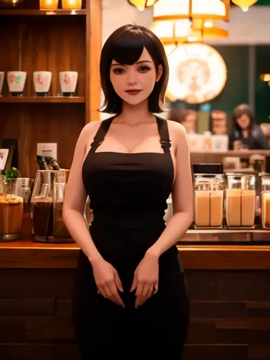  Dazzling and provocative woman , barista ,Alone , jumpsuit apron  , Starbucks,   coffee shop ,  Slender and curvy bodies detailed with huge opais and nudes. 
