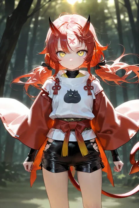 ( Masterpiece : 1.2), (    very detailed: 1.2), (    very detailed CG: 1.2), (    HD: 1.2), 1woman, oni, crimson hair with black gradient, multicolored hair, messy bangs, two small horns on forehead, bright yellow eyes, cat pupils, long pointy ears, simple...