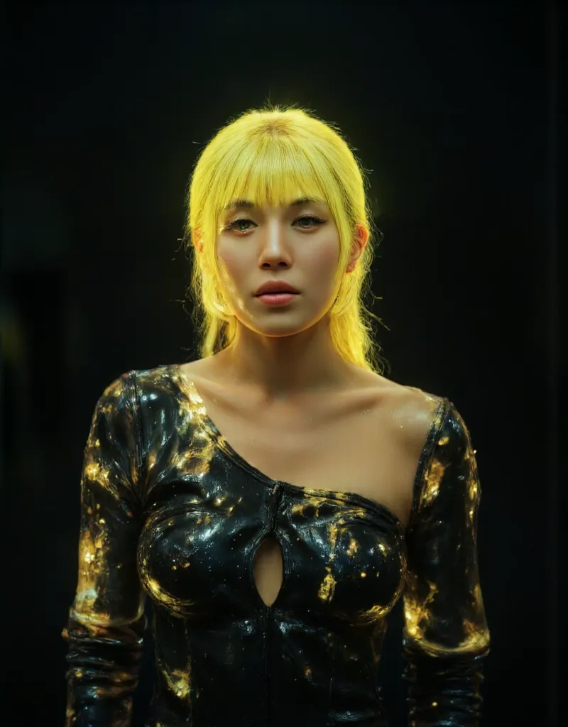 (((Full body view:1.8))), 1 girl, Cinematic photography of a tall skinny beautiful Korea sensual actress Bae Suzy with a neon blonde hair and very very ripped and torn black shirt posing sensually in a dark empty modern glass-wall hotel, (((Bae Suzy realis...