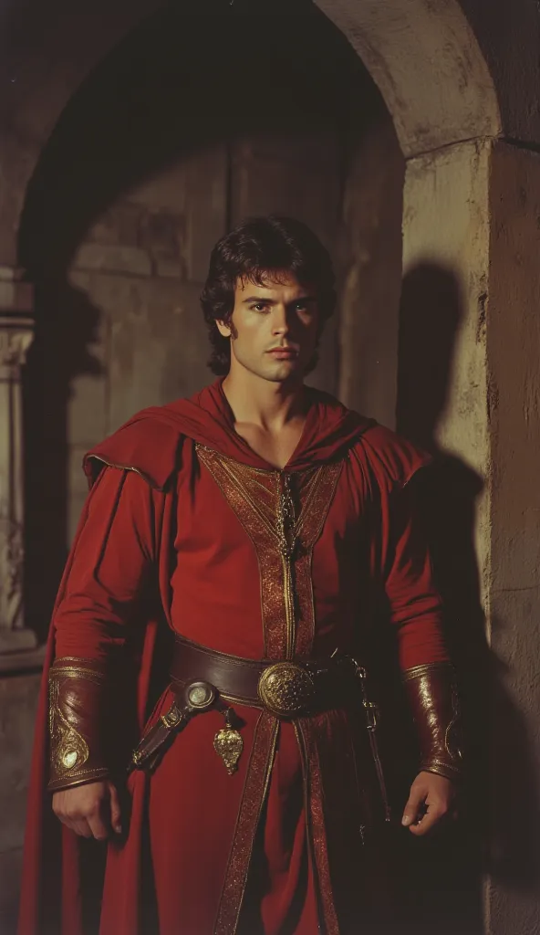 1989 ntsc vhs film still. Renaissance period. the warrior prince in red outfit