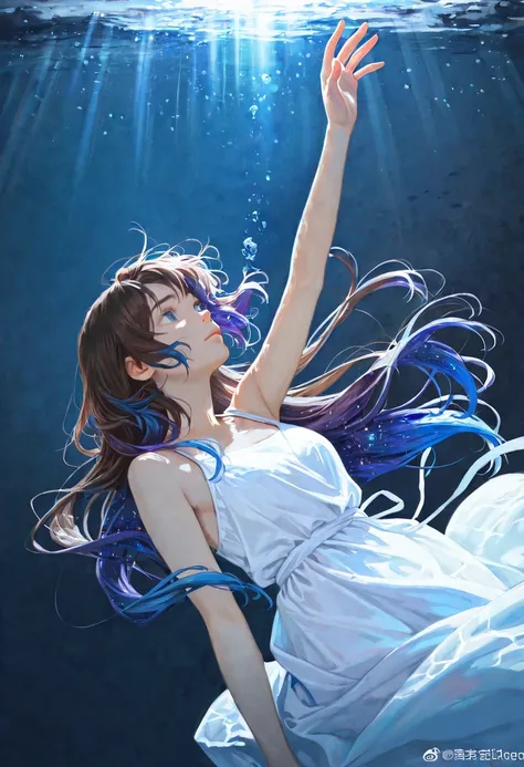 adult cisgender female, long dark brown hair, blue eyes, galaxy color highlights in hair, underwater, hair flowing in water, looking upward, serene expression, lost in thought, reaching upward, wearing white dress, view from the side, high contrast, dynami...