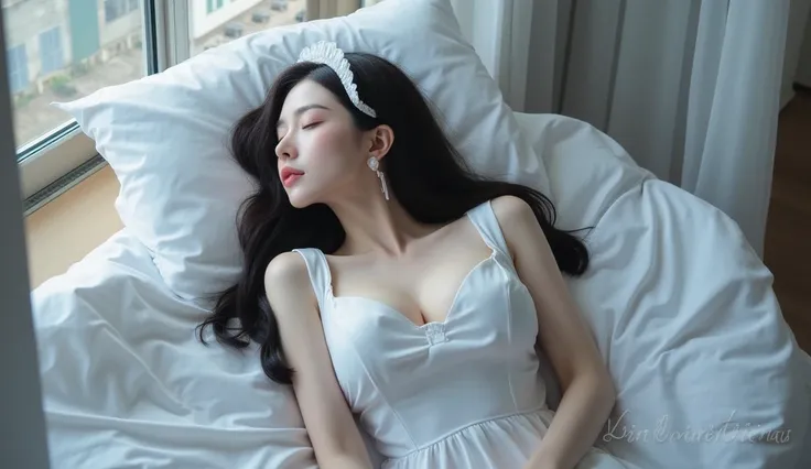 beautiful korean woman, sleeping, big breasts, wearing cleavage french maid uniform, maid hat, eyes close, extremely detailed eyes and face, long eye lashes, detailed skin, detailed fabric, detailed hair,, View from an apartment window
