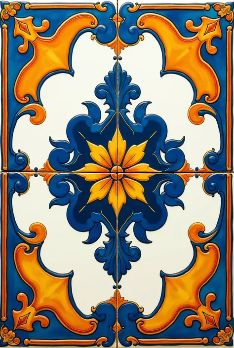 A beautifully detailed Majolica tile illustration inspired by traditional Italian ceramic art. The design features symmetrical, ornate patterns with a Mediterranean aesthetic. Rich, vibrant colors like deep blue, bright yellow, warm orange, and white domin...