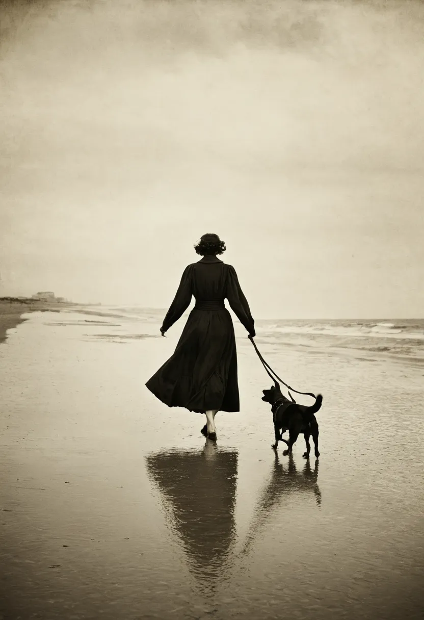 arafed woman walking on the beach with a dog in the background, inspired by Nell Dorr, inspired by Katia Chausheva, inspired by Max Dupain, inspired by Józef Brandt, inspired by Eugène Carrière, by Kati Horna, by Samuel Birmann, pictorialism, by Eugeniusz ...