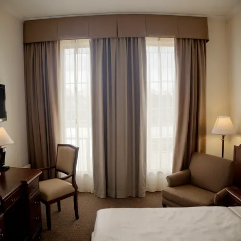 a hotel room with closed curtains