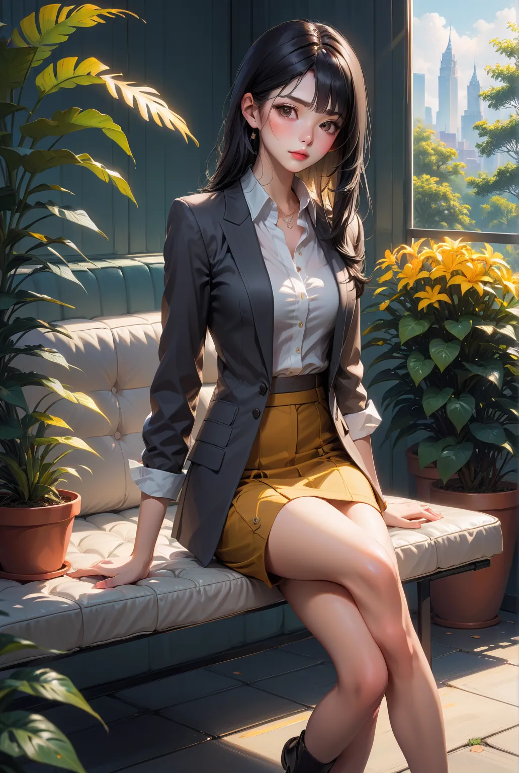 beauty woman, sitting on couch, at garden, BREAK, (black long straight hair, forehead), BREAK, {( warm-gray 3/4 sleeves collarless blazer), (cream-yellow crop round-neck undershirt), (charcoal-black cargo pencil mini skirt), dark-brown shoes)}, BREAK, (1gi...