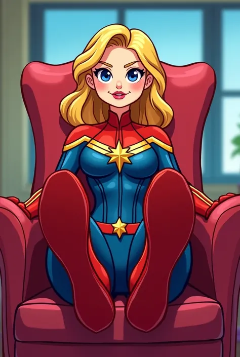 Captain marvel sitting on the chair, . the feet or also tickled with the soles pointing at the camera 
Cartóon art