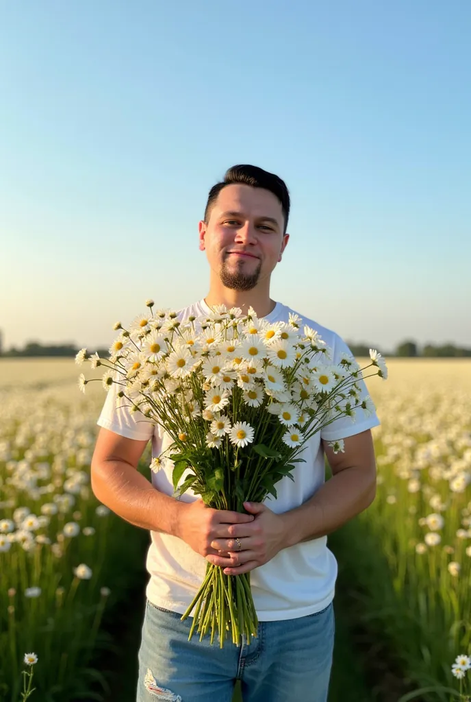 close up 28-year-old man XL size with a sturdy, athletic build stands in the middle of a sunlit meadow filled with endless rows of blooming daisies. His short dark hair catches the golden glow of the afternoon sun, framing his face with striking green eyes...