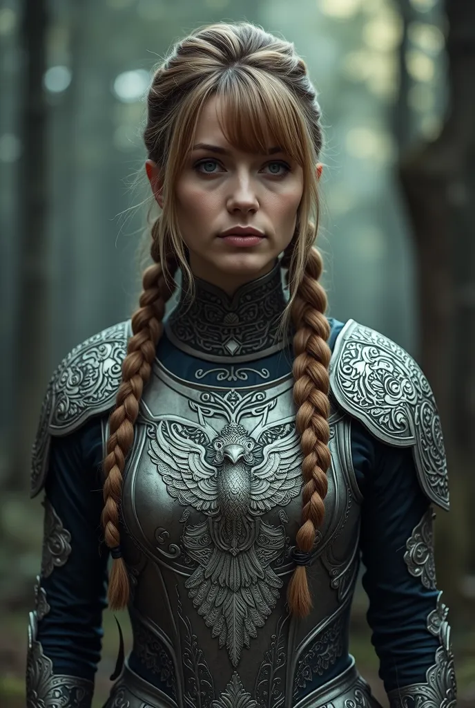 photography, detailed, fantasy background, showing a forest, Forground: A woman, 40 years old, (wrinkles:0.75), wearing filigree mage armor outfit depicting a silver eagle, european, long hair with front bangs, side bangs, and a long braided ponytail, full...