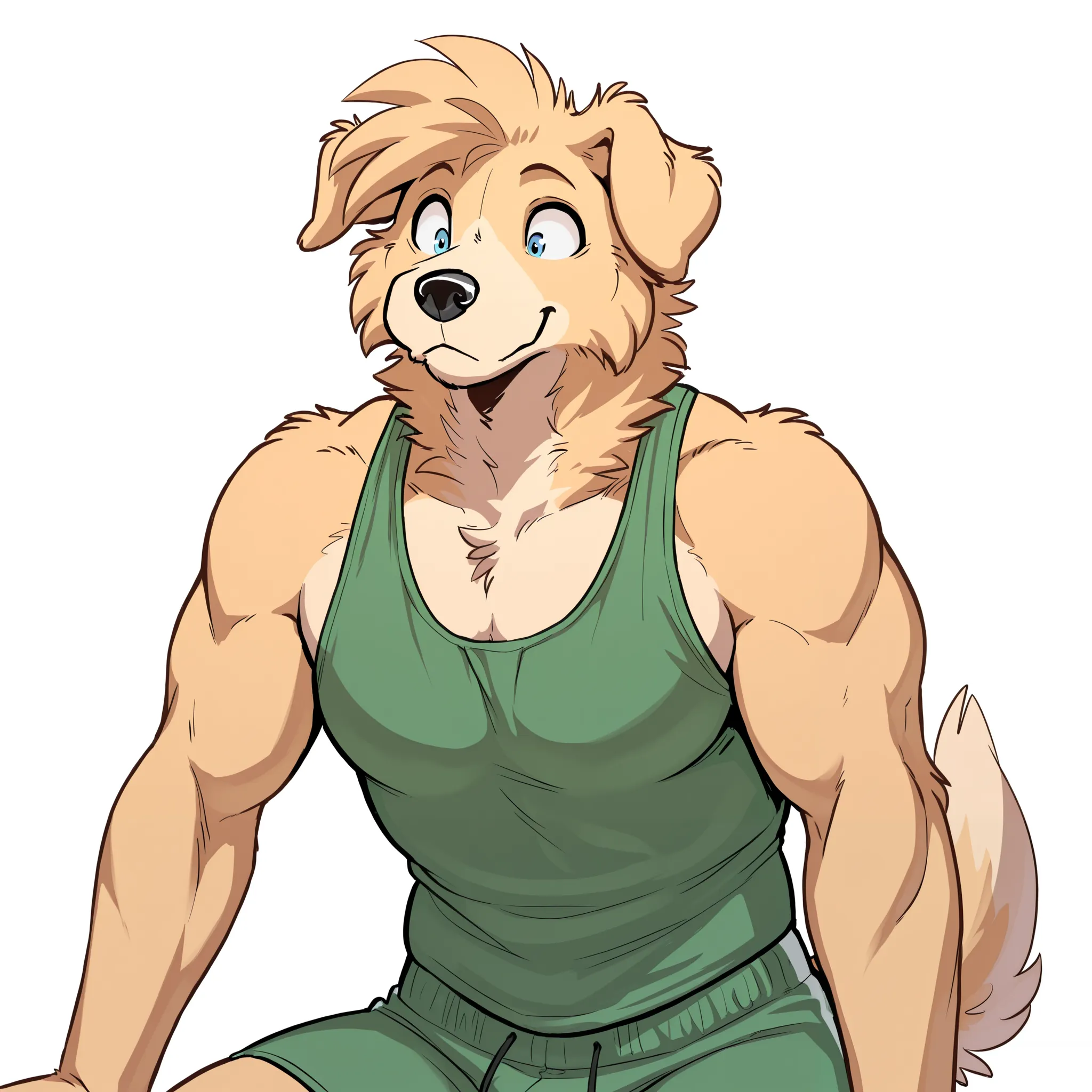 masterpiece, best quality, amazing quality, anthro golden retriever, male, solo, blue eyes, light brown fur, short hair, tall man, green sport tank top, green sport shorts, athletic, white background, strong, muscly, lean, hopeful, kind, gentle, upper body...