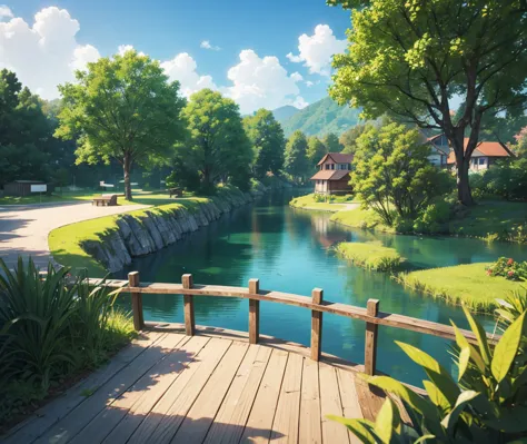 3D illustration of a beautiful and peaceful island paradise. The island is filled with colorful houses hidden among the bright green trees. In the center of the island, a sparkling blue lake reflects the clear blue sky. This scene is created in 3D with a g...