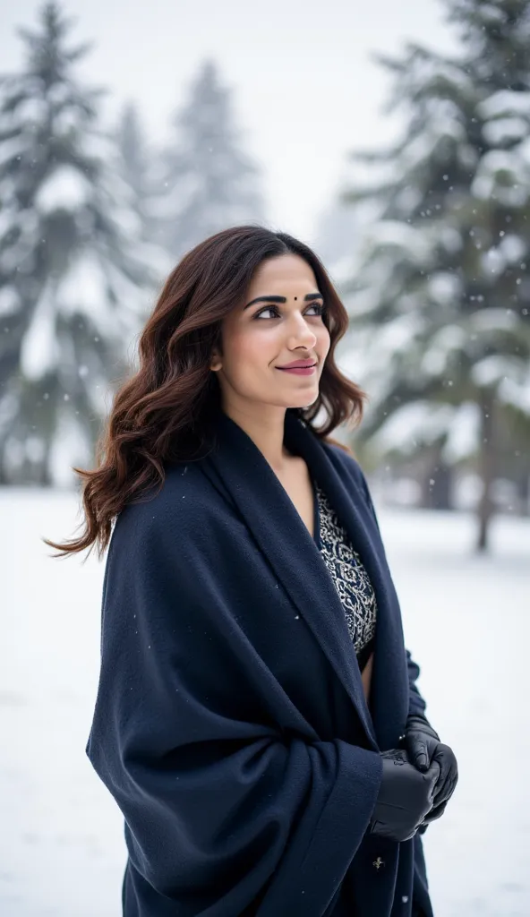 An award, full HD picture of a beautiful woman in her late 20s standing gracefully in a serene winter landscape, surrounded by freshly fallen snow. She is elegantly dressed in a warm yet stylish saree, draped gracefully with a thick shawl or pashmina wrapp...