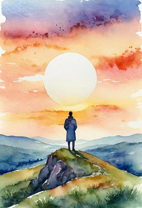 a maan standing on top of a hill, in the background of nature with a sunset, artistic, watercolor