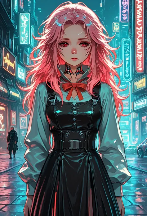 
1girl, vampire, pink hair, long hair, cyberpunk, dark red eyes, murderer, depressed, neon colors,