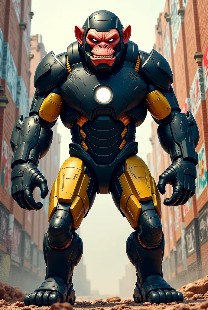 muscular monkey, wearing iron man armor with ark reactor, smiling with an evil face, armor in the color black and gold, showing biceps, graffiti style.