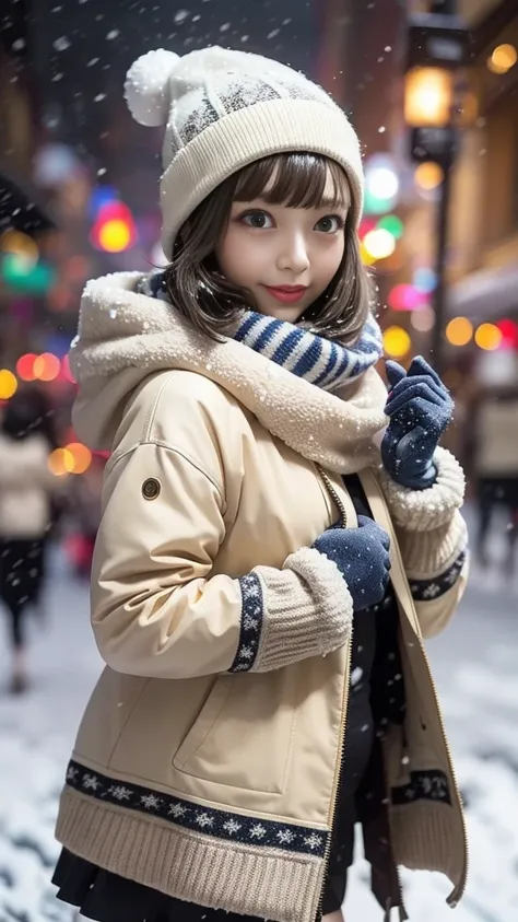 layer skirt:1.3、flight down jacket、Knitted hat、Street lights on a snowy night、On the snow、(( Snow Falling on My Body and Clothes :1.3、It's snowing:1.3))、(gloves:1.3)、scarf、tights、greatest masterpiece:1.3、Best Quality、Raw photo quality、16k、super detailed de...