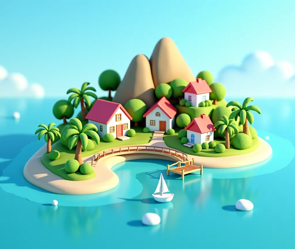 3D illustration of a beautiful and peaceful island paradise. The island is filled with colorful houses hidden among the bright green trees. In the center of the island, a sparkling blue lake reflects the clear blue sky. This scene is created in 3D with a g...