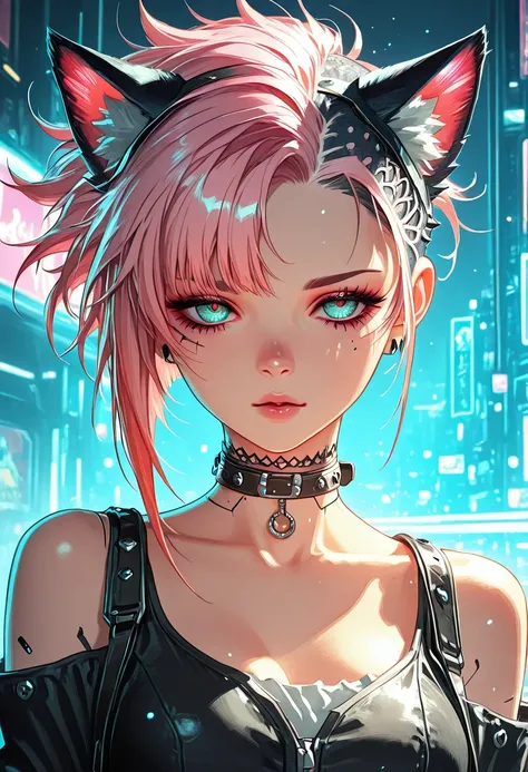 
1girl, cyberpunk, punk style hair, asymmetrical haircut, cat ears, choker, detailed light, light leaks, beautiful detailed glow, masterpiece, absurdres, best quality,