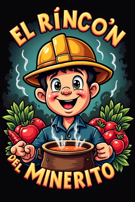 Food logo with miner's helmet called EL RINCON DEL MINERITO with things that characterize that food and broths are sold