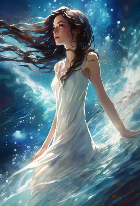 adult cisgender female, long dark brown hair, blue eyes, galaxy color highlights in hair, underwater, hair flowing in water, looking upward, serene expression, lost in thought, reaching upward, wearing white dress, view from the side, high contrast, dynami...