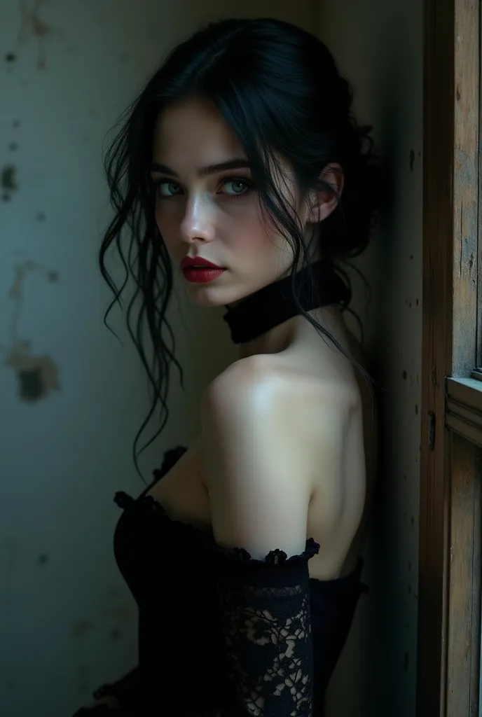 Draw me a very sexy girl in gothic to get naked in her 20s