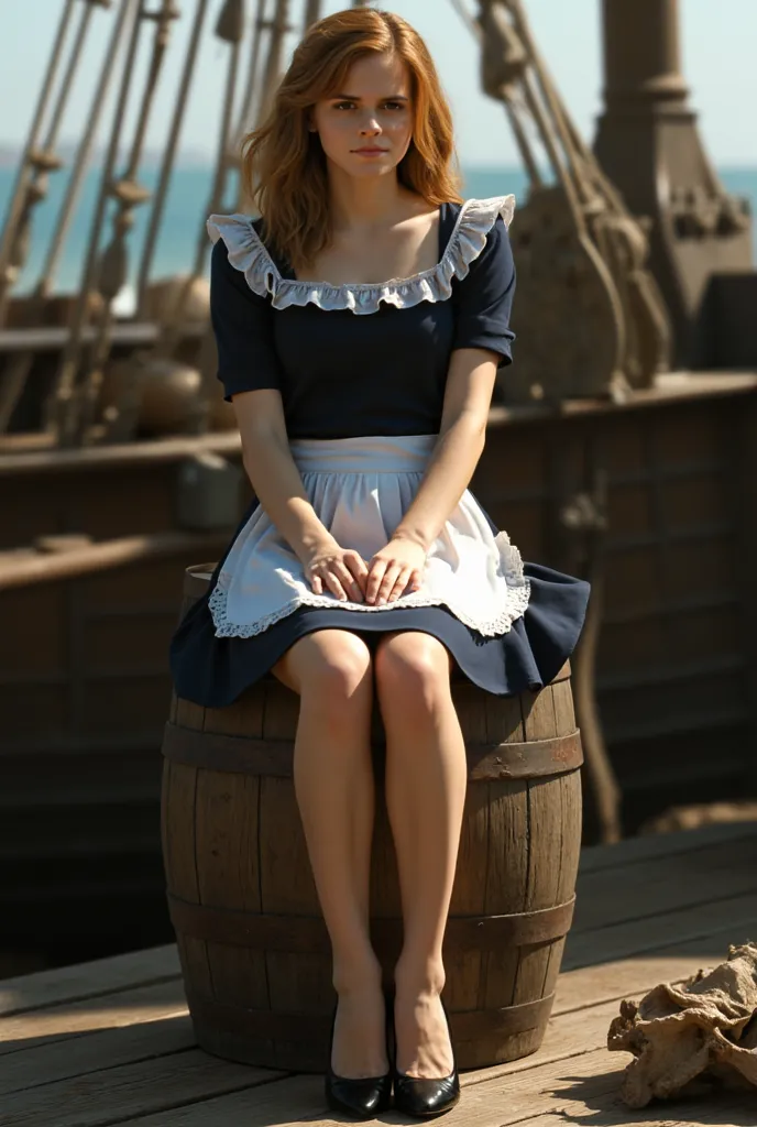 Hermion grenger.realistic.short maid costume.pump stilleto high heels.sitting on wooden barell in ship.