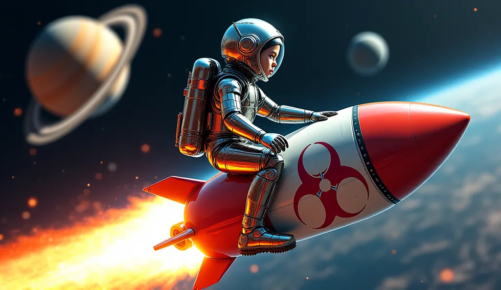 A boy dressed as a robot riding on a rocket in space It has a biohazard logo and the planet Saturn, Earth and the Moon 