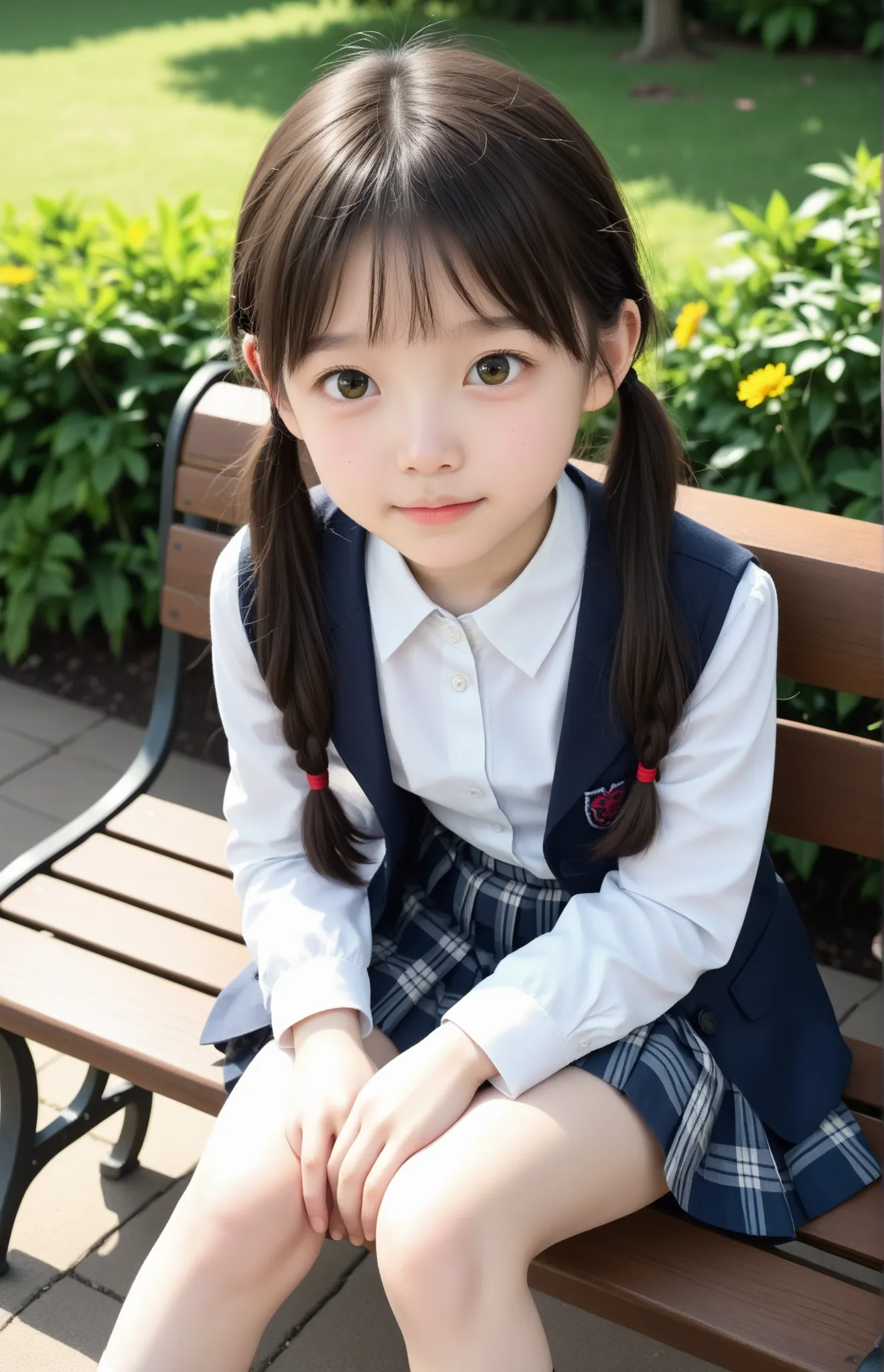 score_9, score_8_ up, score_7_ up,cute girl,sunlight,school uniforms,slender,thin body,thin,Lanky,Young, young and cute girl with her dad,(  white skin:1.1),blouse buttons off,shot from above,toddler body:1.1, sitting on a park bench, Eckup,(Raise your kne...