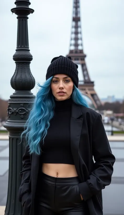 "Modern influencer with long blue curly hair, standing near a vintage Parisian lamppost, dressed in a black wool beanie, black crop top, and black leggings, with the Eiffel Tower visible in the background."