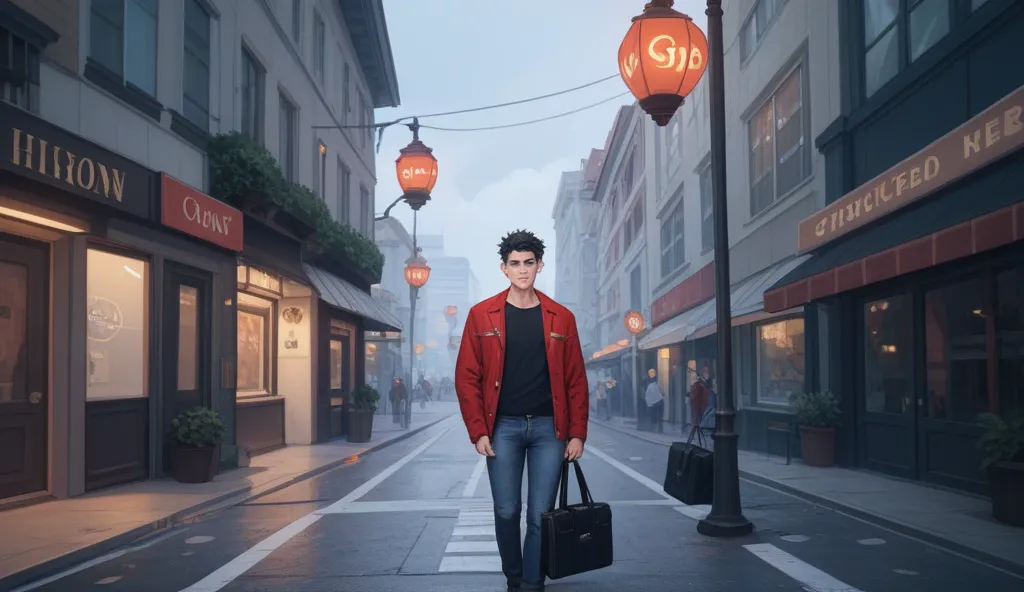 A 25-year-old male with a white skin tone, medium-length black hair, and black eyes. He is from the USA. He is wearing a red jacket over a plain white T-shirt and black jeans. An office bag is casually slung over his shoulder. His expression is a mix of ex...