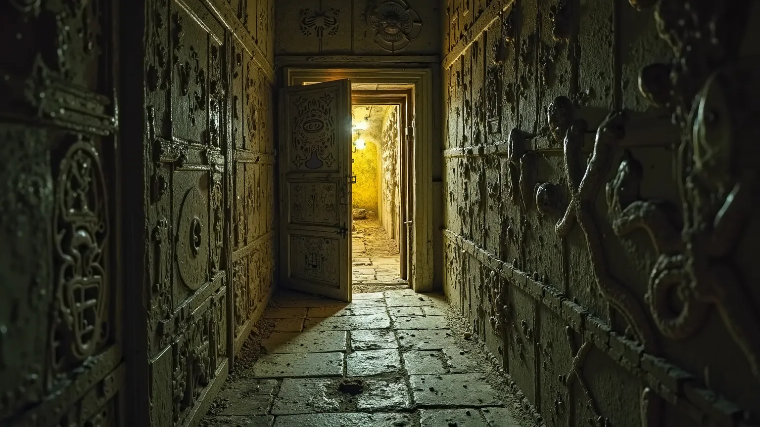 "The Hidden Passage" : A narrow, dark corridor with walls covered with ancient and unknown symbols.  At the end of the corridor , a door carved with monstrous figures is slightly ajar, showing a yellowish light that illuminates something indecipherable.