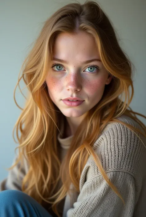 Blonde girl with blue eyes freckles dressed in jeans and sweater 