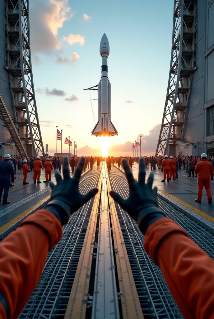 An ultra-realistic image in the point of view style (throw), capturing the first-person perspective of an astronaut on the launch platform, moments before entering the rocket. Their gloved hands are visible, with their right raised making a positive sign. ...