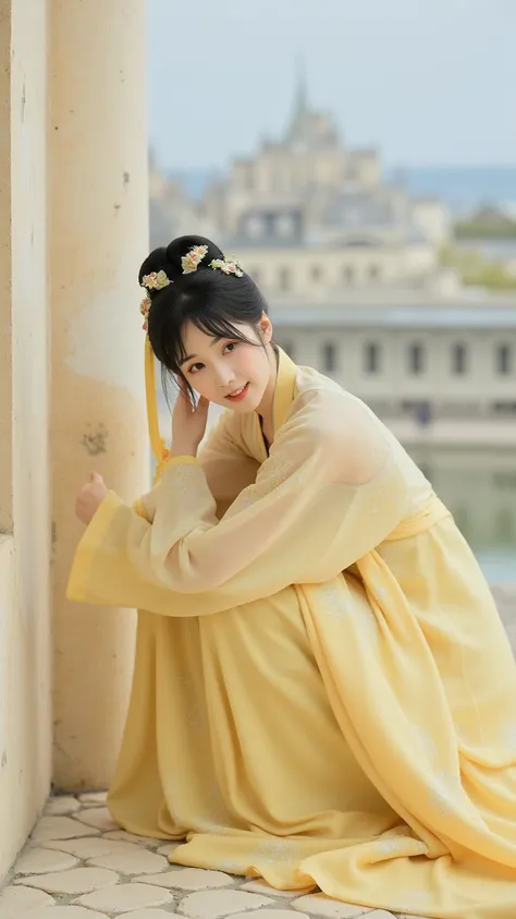  photos, yellow color, Hanfu、Chinese clothing , 1 girl crouching, solo, cute, looks at one woman, smiles,Mont Saint-Michel ,High Resolution, masterpiece, anatomically correct, Best Quality, 