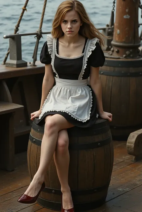 Hermion grenger.realistic.short maid costume.pump stilleto high heels.sitting on wooden barell in ship.