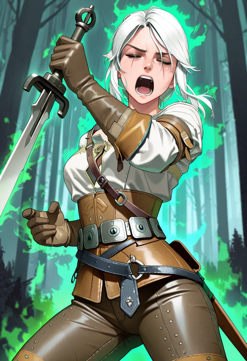 masterpiece, best quality, highres, 1girl, solo, ciri, white hair, green eyes, scar across eye, belt, leather gloves, leather pants, white shirt, standing, cowboy shot,  holding sword, inexpressive, frown, screaming, closed eyes, green ray, ((green aura)),...