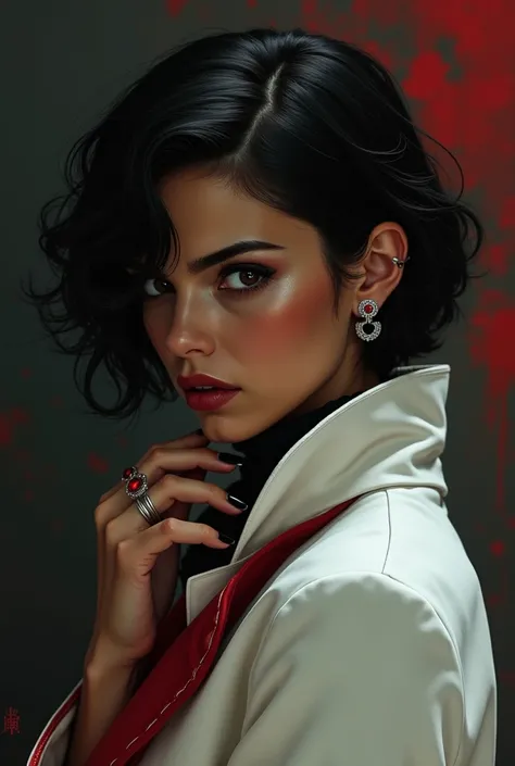 "A young woman of mysterious appearance with dark skin Clara and short hair and blacks,  slightly wavy. She wears an elegant white coat with high collar and red details. Her intense gaze is directed backwards, as if she were watching someone with suspicion...