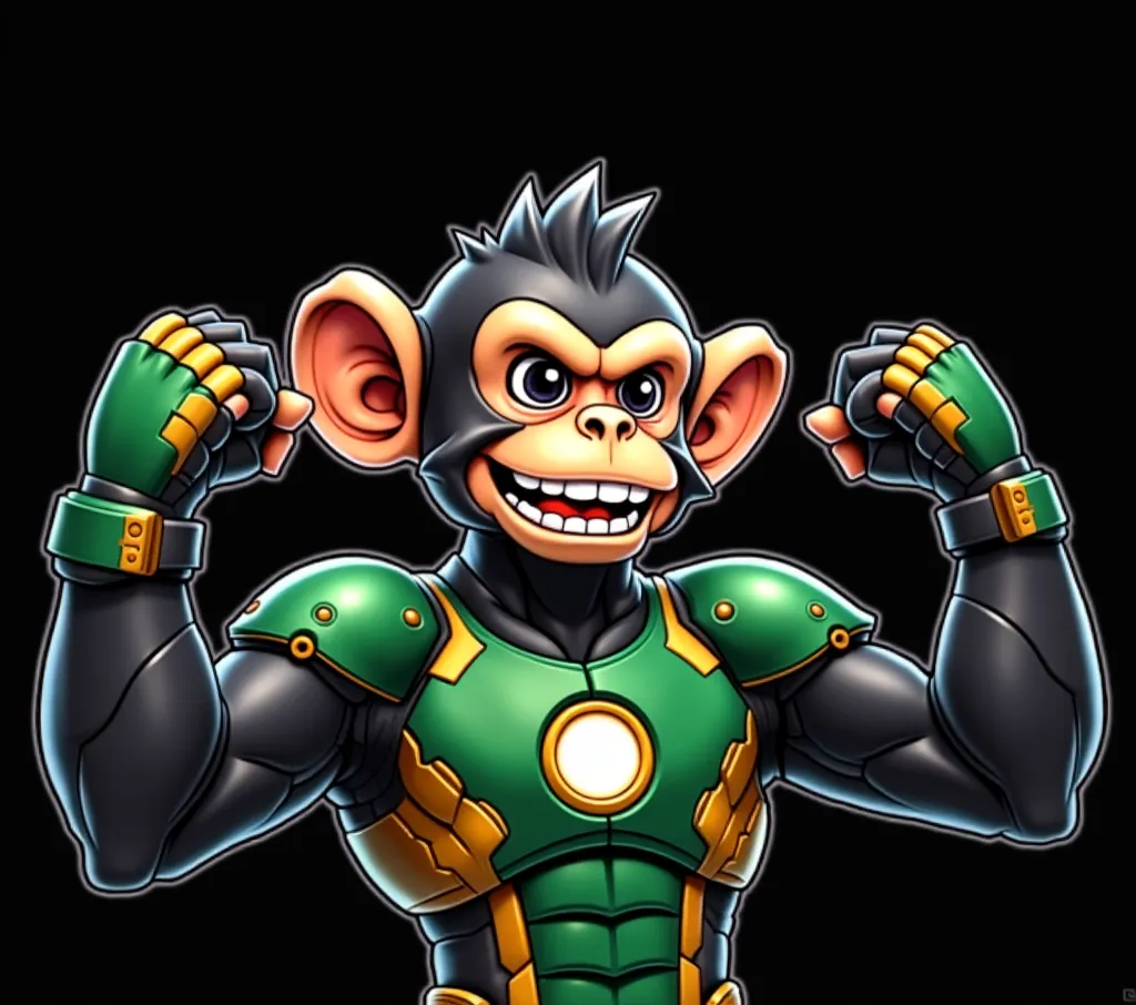 muscular monkey, wearing iron man armor with ark reactor, Smiling with a skewer's face, armor in the color black and gold, showing biceps, graffiti style, Cartoon.