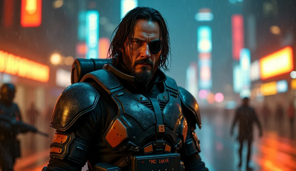 "A hyper-realistic, cinematic depiction of Keanu Reeves as a battle-hardened warrior in a futuristic, dystopian city at night. He wears an advanced black and orange armored suit with metallic plating, battle scars, and tactical straps, resembling a high-te...