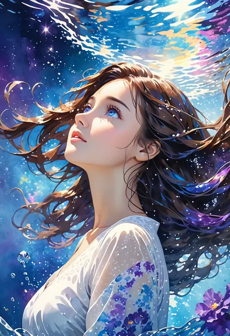 adult cisgender female, long dark brown hair, blue eyes, blue and purple galaxy colors highlights in hair, underwater, hair flowing in water, looking upward, serene expression, lost in thought, reaching upward, wearing white dress, view from the side, high...