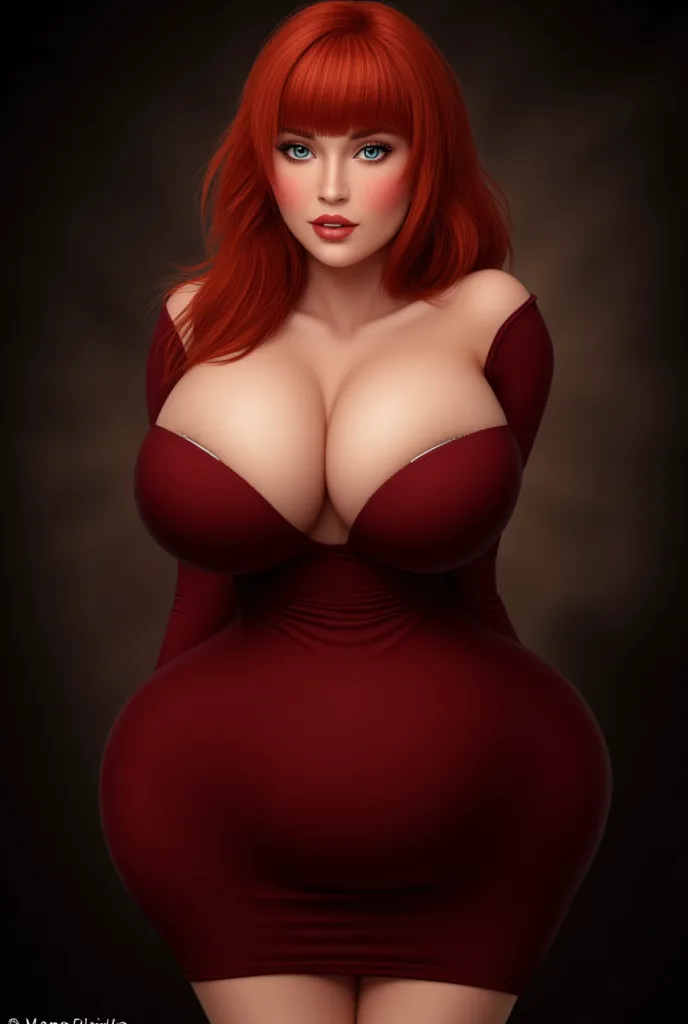 Beautiful redheaded young girl in her twenties in a dark red dress, beautiful blue eyes, big beautiful breasts, bare belly and wearing a short shirt that highlights her charms