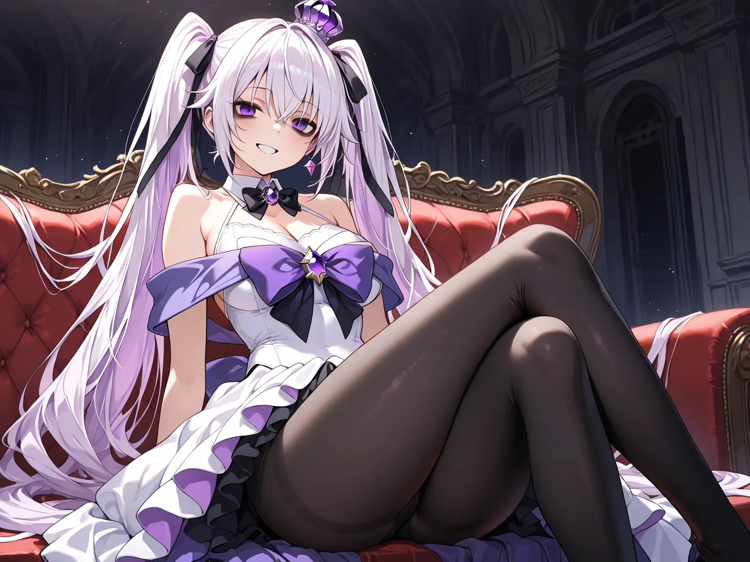 1girl, white hair, very long hair, twintails, purple eyes, bags under eyes, hair ribbon, black off-shoulder dress, layered dress, white halter leotard, leotard under clothes, sleeveless, wing collar halter, bowtie, black pantyhose, breasts bow amethyst orn...