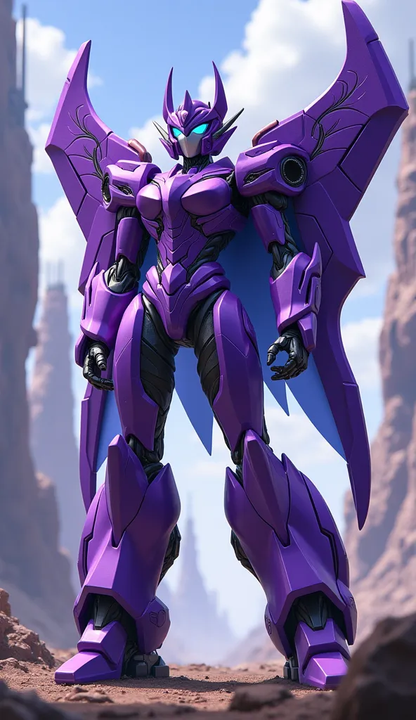 A purple female Autobot with jet and vehicle modality, with blue eyes and with a cape on his hips and with Jet wings on his back. Whatever in animation style 