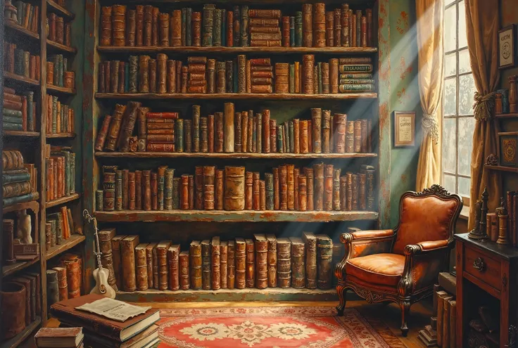 oil painting of a bookshelf in peter mohrbacher style, warm colors, focus on the books, lens flare effect, low field of depth
