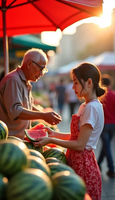 From the side view, a beautiful Korean girl is seen buying a ripe watermelon from the vendor. Her elegant posture and graceful movements make the scene captivating. She carefully selects the juiciest one, her soft fingers gently tapping its surface to chec...