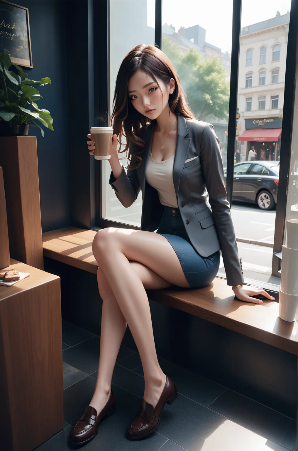 beauty woman, holding a cup of coffee, in front of cafe, tile mirrors window cafe, BREAK, (dark chocolate brown long straight hair), BREAK, {( light-gray long sleeves blazer), (cream-yellow round neck undershirt), (blue-gray denim pencil skirt), dark-brown...